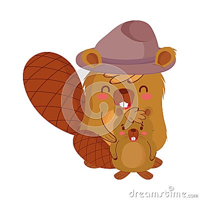 Cute beavers cartoons with hat vector design Vector Illustration