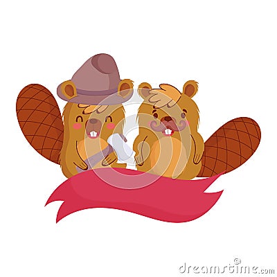 Cute beavers cartoons with hat and ribbon vector design Vector Illustration