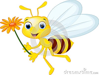 Cute bee cartoon flying while carrying flowers Stock Photo