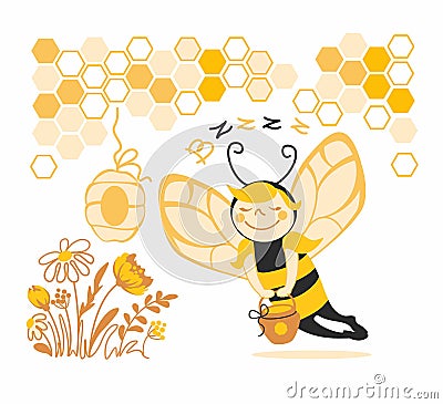 Cute bee collects honey Vector Illustration