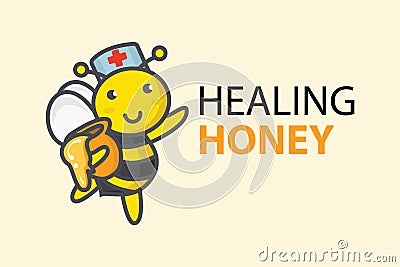 Cute bee doctor holds a jar of honey. Funny healing honey logo. Design for print, emblem, t-shirt, party decoration, sticker, Vector Illustration