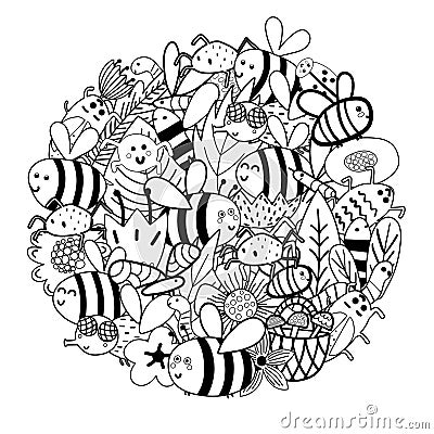 Cute bees in the flowers circle shape pattern. Funny insects coloring page Vector Illustration