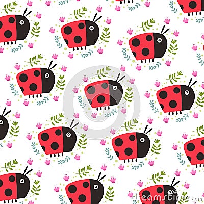 Cute beetle seamless pattern decorated with leaves and leaves. patterns For baby pajamas, print, packaging, decoration Vector Illustration