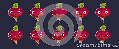 Cute beetroot or beet character face emoji set Vector Illustration