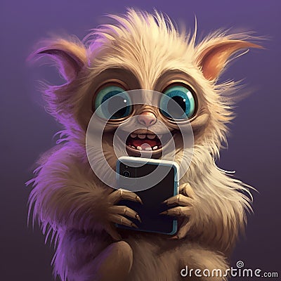 Cute beige hairy monster using a device Stock Photo