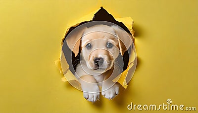Cute beige puppy peeking out of hole in yellow wall. Adorable pet Stock Photo