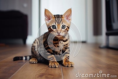 Cute bengal kitten sitting on the floor at home, A cute little Bengal kitten sitting on the floor at home, AI Generated Stock Photo