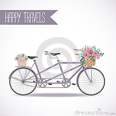 Cute bicycle with basket full of flowers Vector Illustration