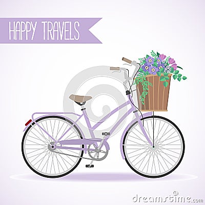 Cute bicycle with basket full of flowers Vector Illustration