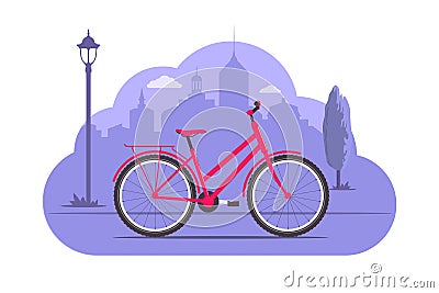 Cute bicycle on city silhouette background. Pink bicycle on purple monochrome background. Bike concept illustration for app or web Cartoon Illustration