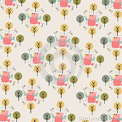 Cute big bird pattern background with small trees around Vector Illustration
