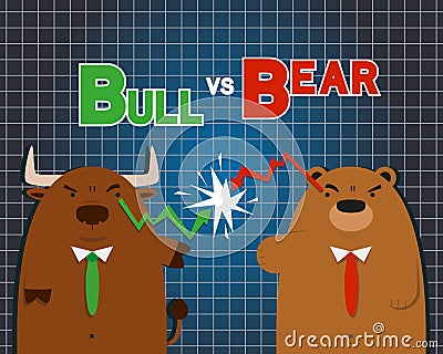 Cute big bull bear cartoon versus in stock market Vector Illustration