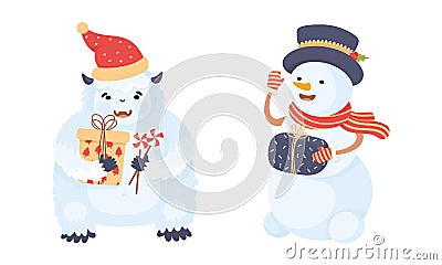 Cute Bigfoot and Snowman as New Year Character Wearing Scarf and Hat Holding Wrapped Gift Box Vector Set Vector Illustration