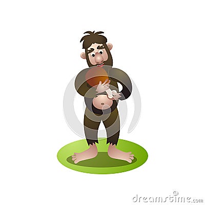 Cute bigfoot, yeti eating or care part of raw meat Vector Illustration