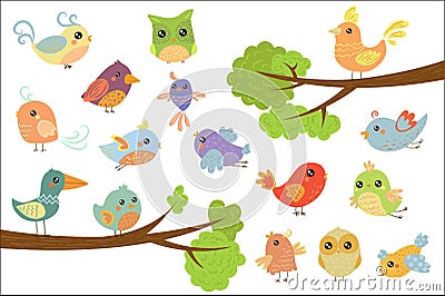 Cute bird characters set, cute colorful cartoon birds flying, singing, sitting on the branch vector Illustrations on a Vector Illustration