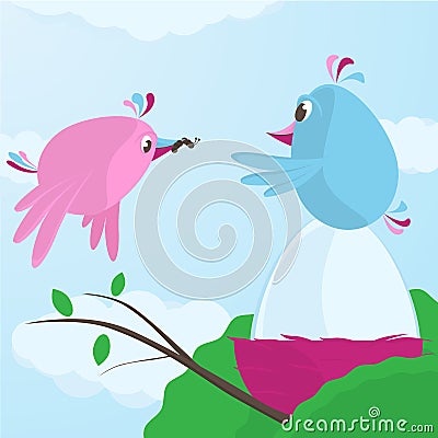 Cute bird feeding her mate as he incubates the egg Vector Illustration