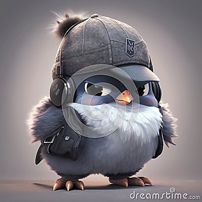 Cute bird with headset and black cap ai generated Stock Photo