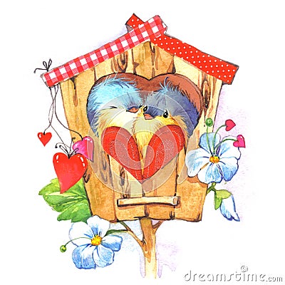 Cute bird and heart illustration watercolor Stock Photo