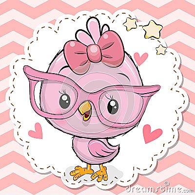 Cute Bird in pink eyeglasses Vector Illustration