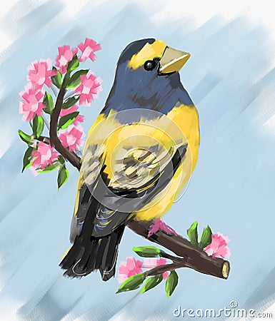 cute bird and spring season and flowers on tree, cute bird, cute bird birds, spring , animals, nature, illustration , drawing canv Cartoon Illustration