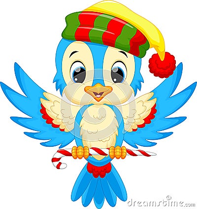 Cute bird wearing a Santa hat while carrying candy Cartoon Illustration