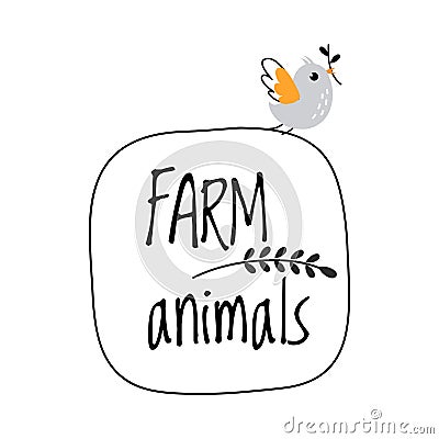 Cute Birdie with Twig in Beak and Farm Animals Frame Vector Illustration Vector Illustration