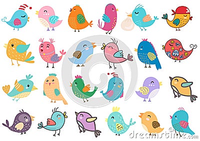 Cute birds big set. Clipart bundle with funny colorful birds. Isolated elements Vector Illustration