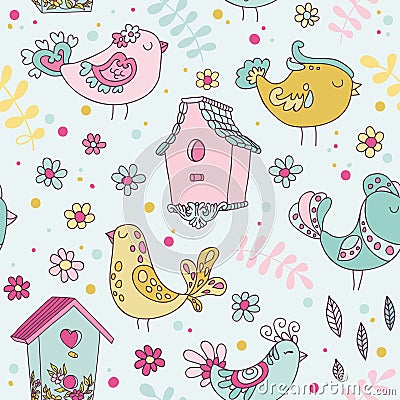 Cute Birds and Birds Houses Background Vector Illustration