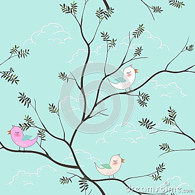 Cute birds cartoon seamless pattern on soft blue background for kid product,t-shirt,,print,fabric,textile or wallpaper Vector Illustration