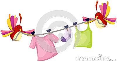 Cute birds with clothesline Vector Illustration