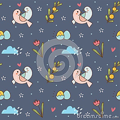 Cute birds couple seamless pattern Stock Photo