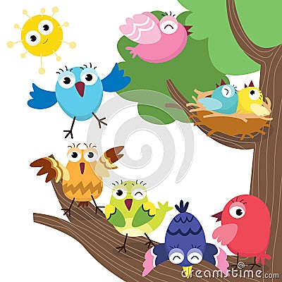 Cute Birds Family Vector Illustration