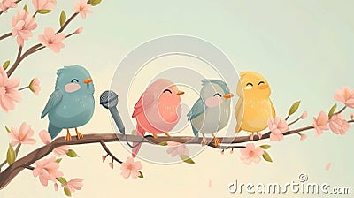 cute birds i with microphone on the tree singing songs.,spring concept Stock Photo