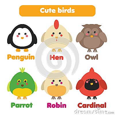 Cute birds icons set Vector Illustration