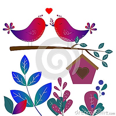 cute birds in love on a tree valentine Vector Illustration