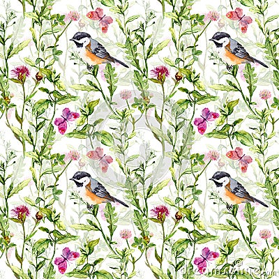 Cute birds, meadow - butterflies, grass, flower. Repetitive pattern. Watercolour Stock Photo