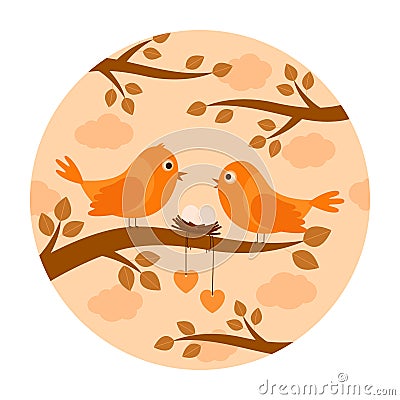 Birds with nest eggs on branch, vector illustration Vector Illustration