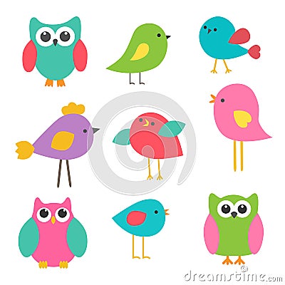 Cute birds and owls Vector Illustration