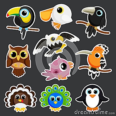 Cute birds set stickers template vector Vector Illustration