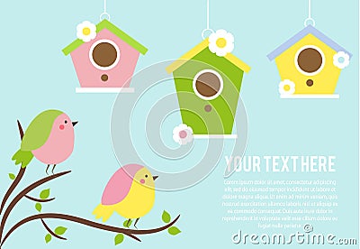 Cute Birds sitting on tree branches. Hanging Birdhouses. Vector banner, seasonal spring background Vector Illustration