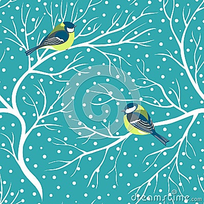 Cute birds titmouse parus on snowy trees seamless pattern Vector Illustration