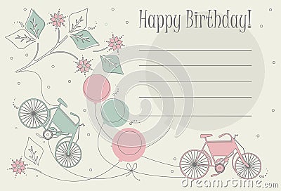 Cute Birthday card with bicycles, balloons and flowers Vector Illustration