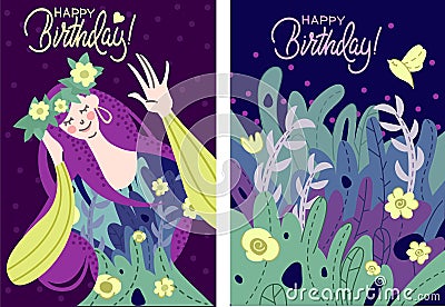 Cute birthday card in dark colors Vector Illustration