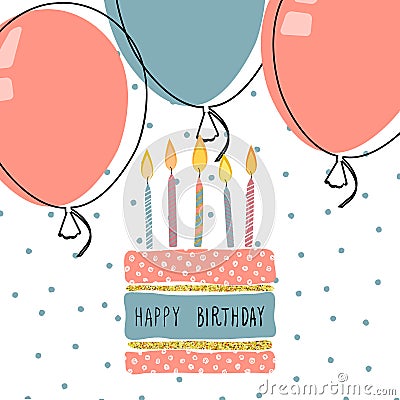 Cute Birthday greeting card handdrawn background design. Vector Illustration