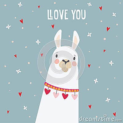 Cute birthday or Valentines day greeting card, invitation. Hand drawn white llama animal with falling flowers and hearts Vector Illustration