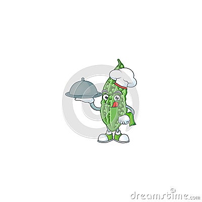 Cute bitter melon as a Chef with hat and tray cartoon style design Vector Illustration