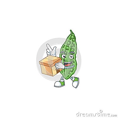 Cute bitter melon cartoon character style holding a box Vector Illustration
