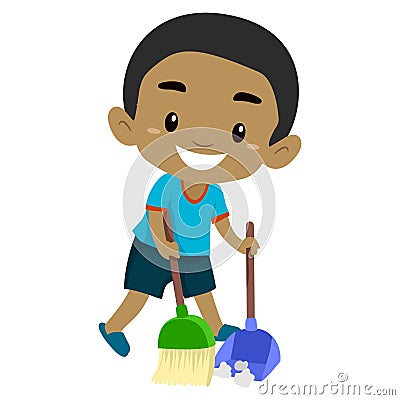 Vector Illustration of a Black Boy Kid sweeping the Floor Vector Illustration