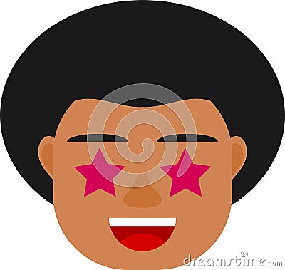 Cute black boy with stars in the eyes. Black boy avatar. Black boy emoji. Vector Illustration
