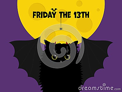 Cute black cat with bat wings on the night background with the Moon and text with spider and bat. Friday the 13t Vector Illustration